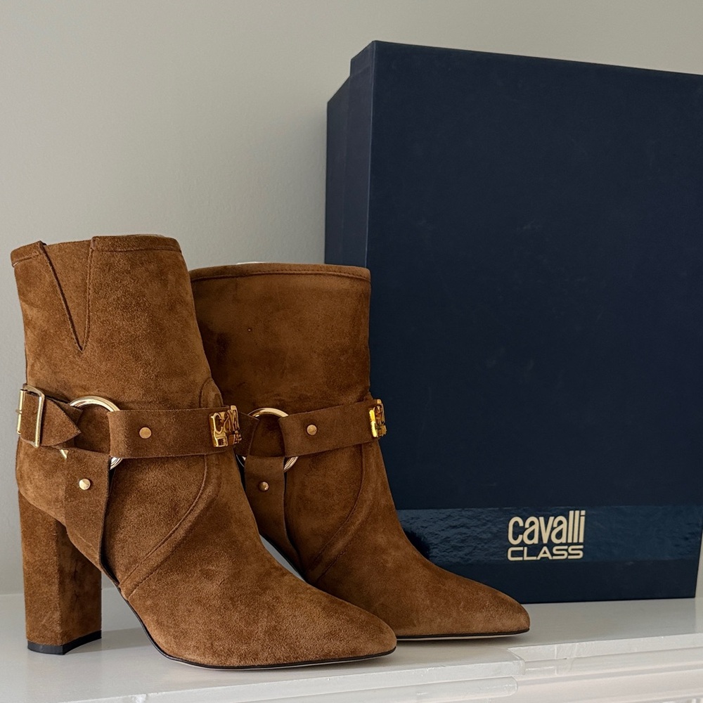 Cavalli Class Brown Suede Ankle Boots with Gold Hardware